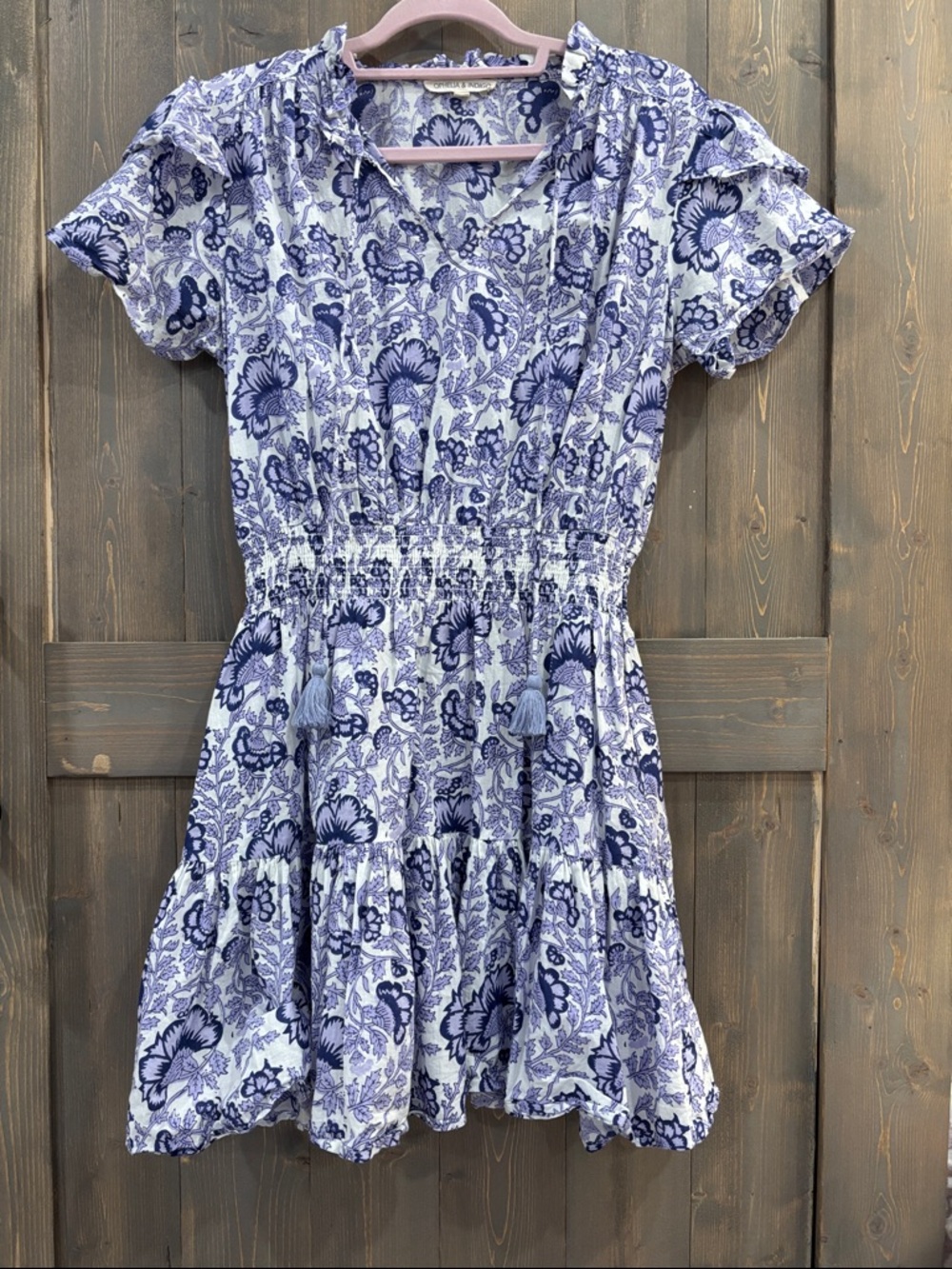 Ophelia & Indigo Purple Floral Smocked Waist Dress Ruffle Sleeve Tassel Tie